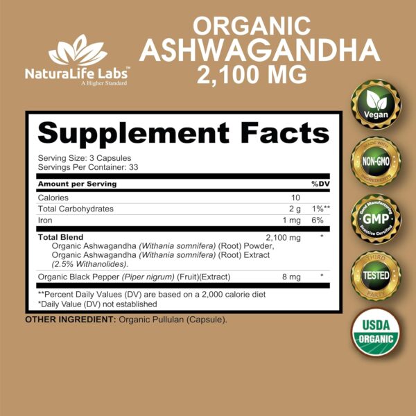 Organic Ashwagandha 2,100 mg – 100 Veggie Capsules Pure Organic Ashwagandha Powder and Root…