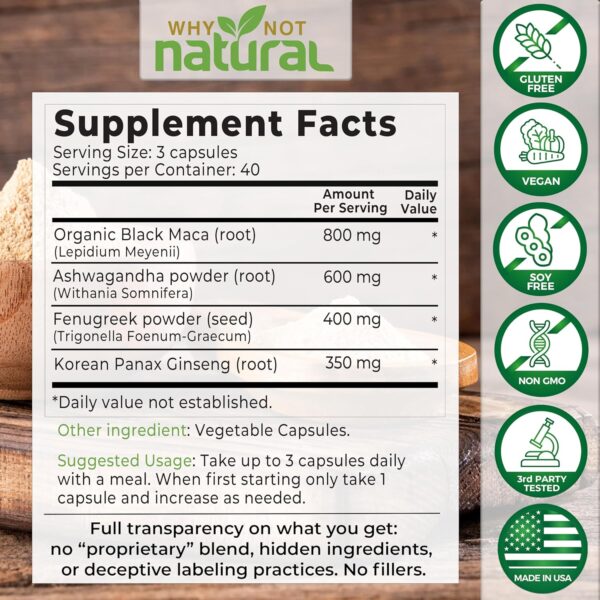 Why Not Natural 4-in-1 Organic Black Maca Root, Ashwagandha, Fenugreek, Panax Ginseng Capsules,…